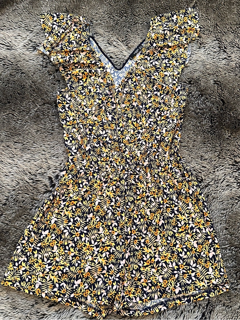 Mango Floral V-Neck Ruffle Romper - Yellow/Black